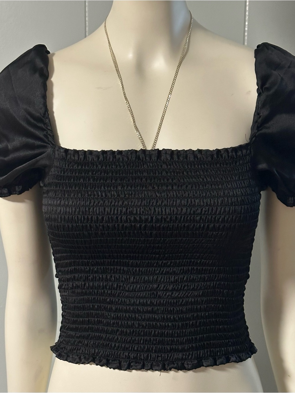 Urban Outfitters Black Smocked Puff-Sleeve Crop Top - Satin Sleeves Size S-P